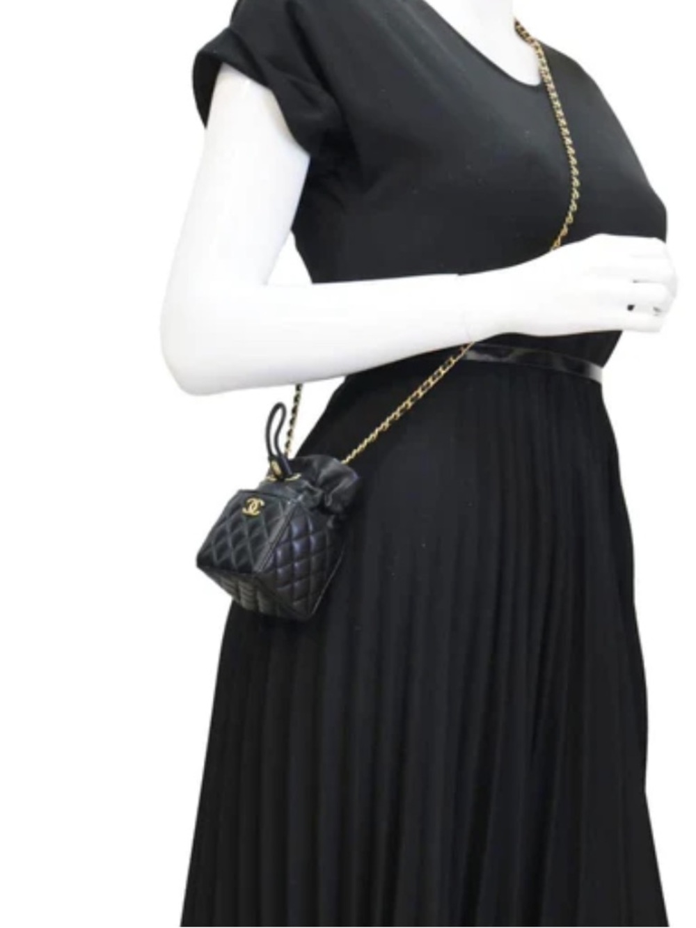 CHANEL Black Quilted Mini Drawstring Bucket Bag with Chain Strap